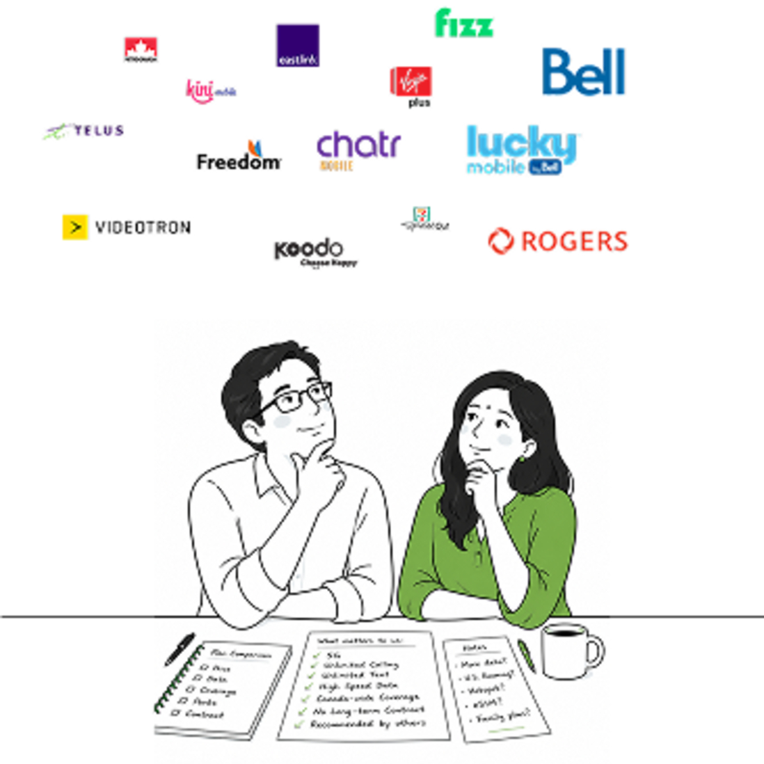 Couple réfléchissant aux fournisseurs mobiles canadiens
